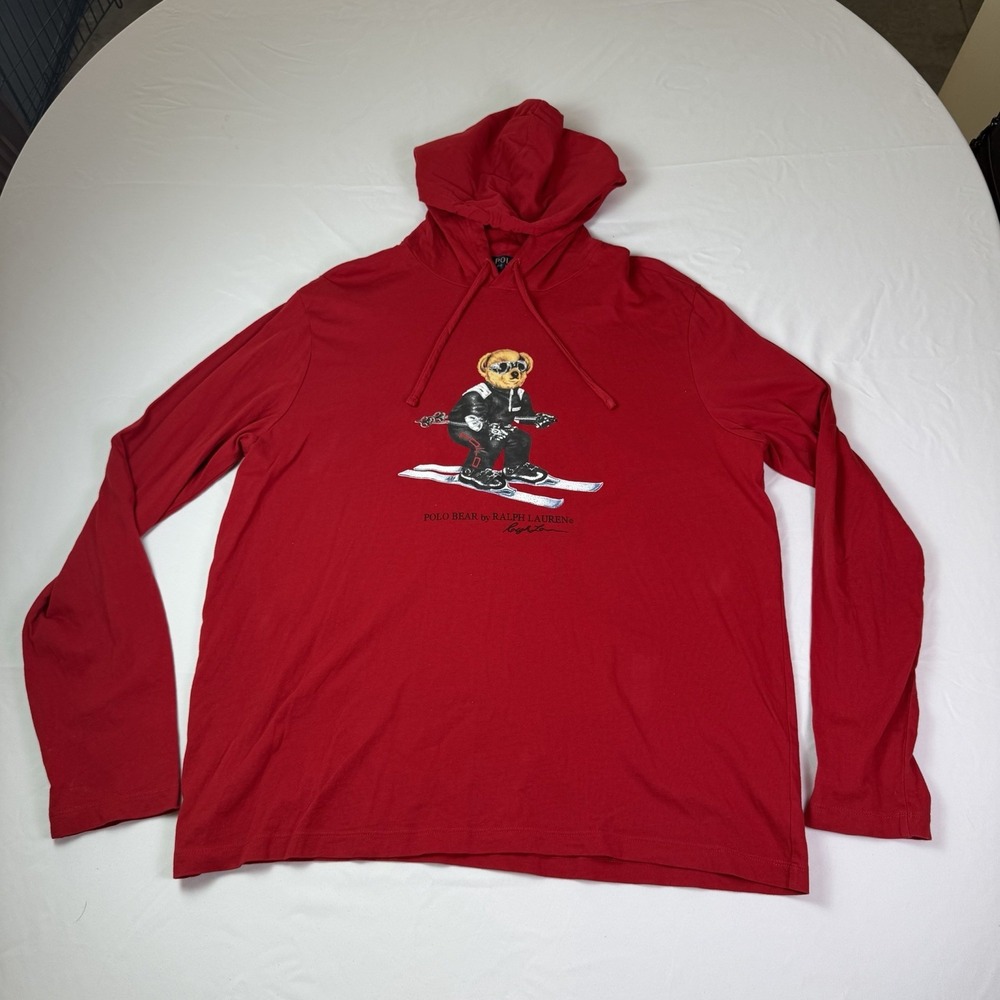Vintage Polo Ralph Lauren Polo Bear Men Sz L Alpine Ski Y2K Red Long Sleeve Hood
